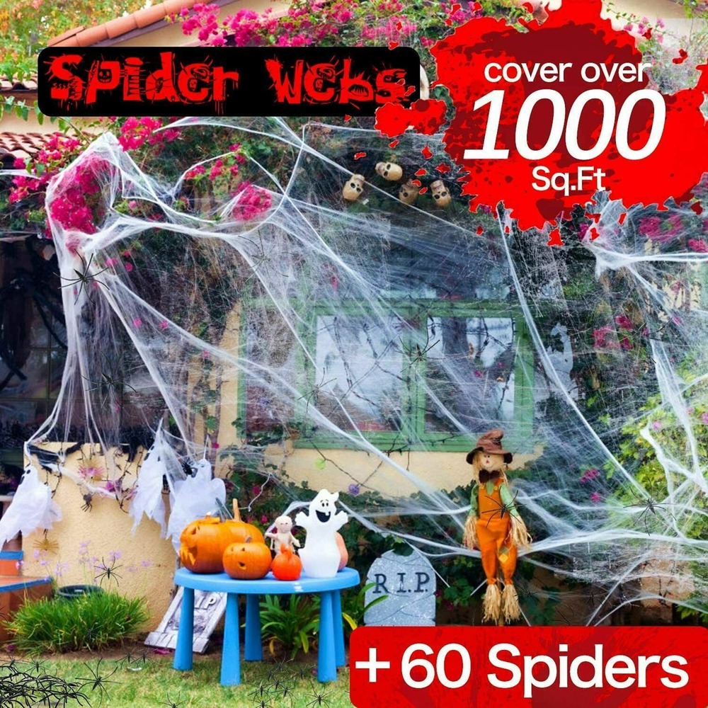 Cobweb Decorations Indoor/Outdoor Spider Webs 1000 sqft with 60 Fake Spiders